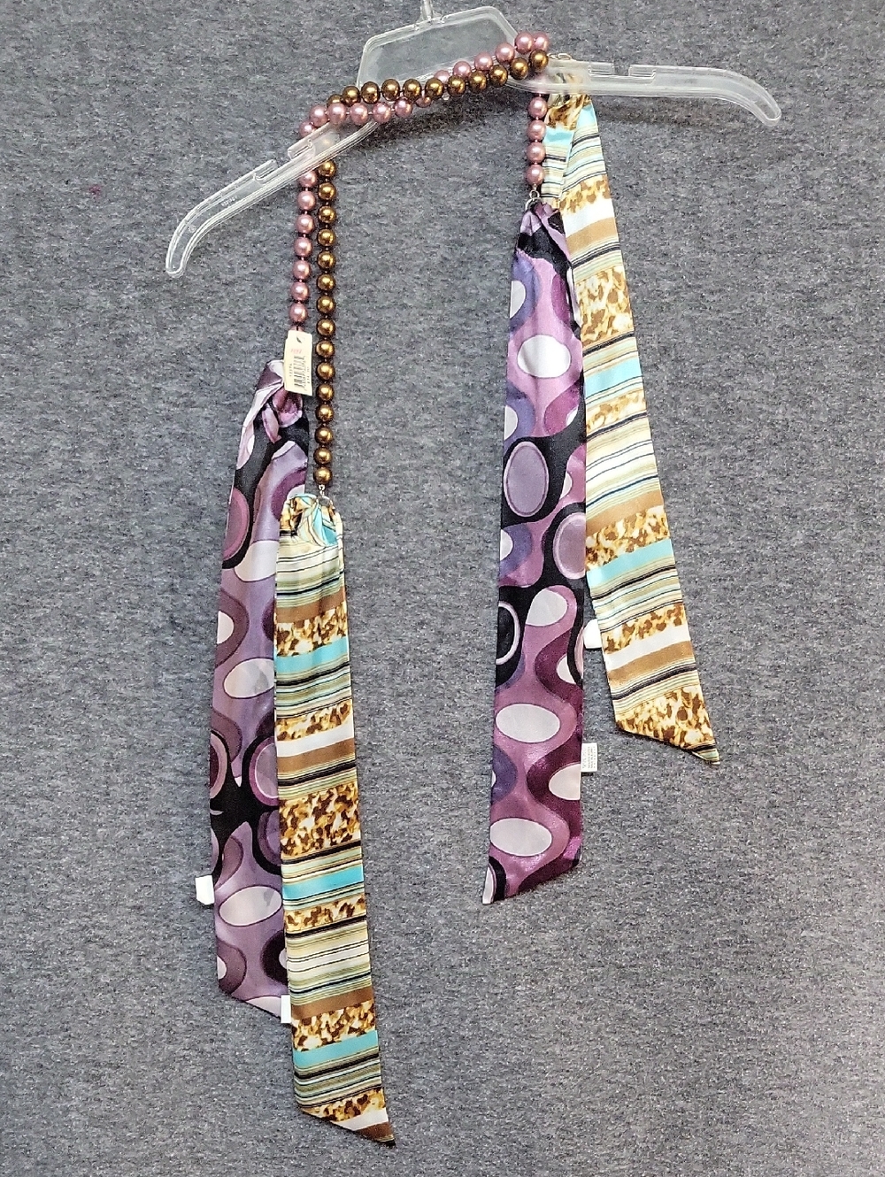 Patterned Silk Scarfs Necklace with Bead Detail - Purple & Aqua